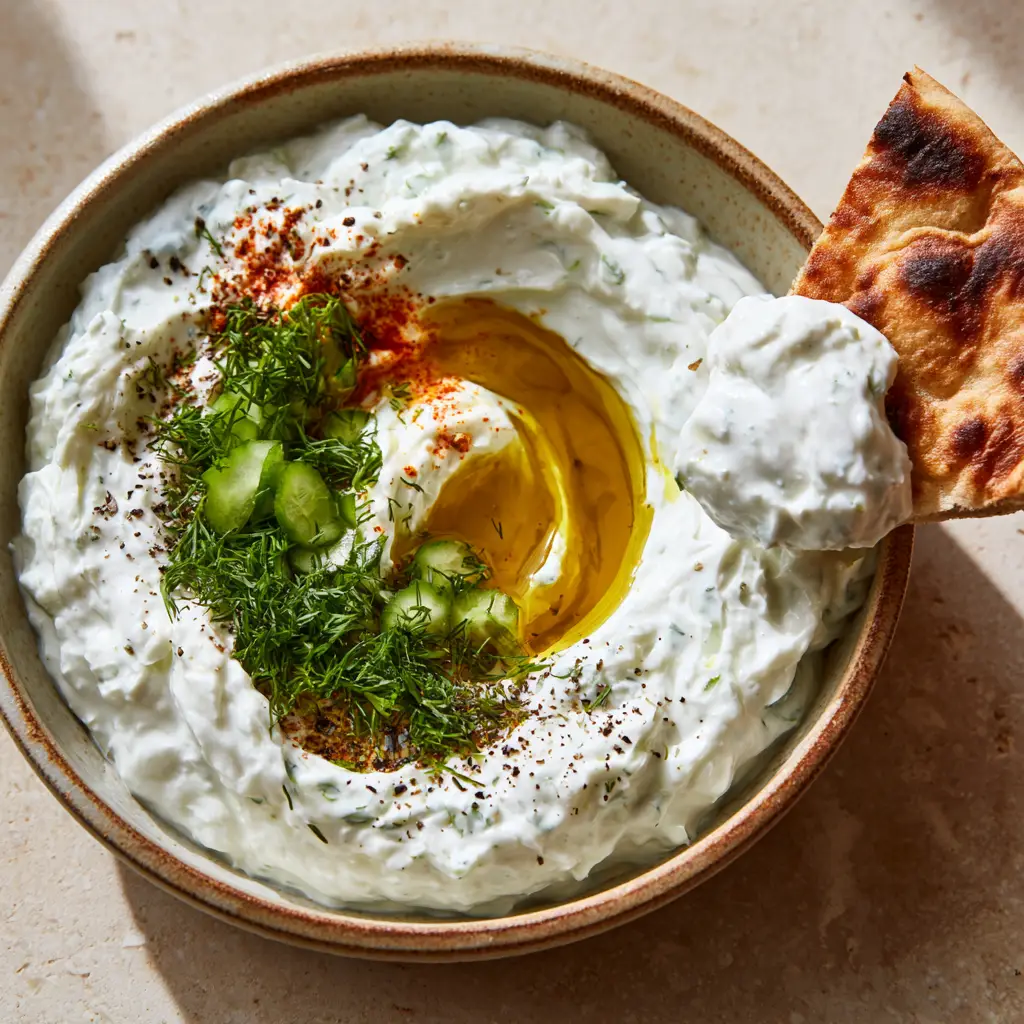 Close-up of a charred pita bread wedge holding a stable dollop of Tzatziki sauce.