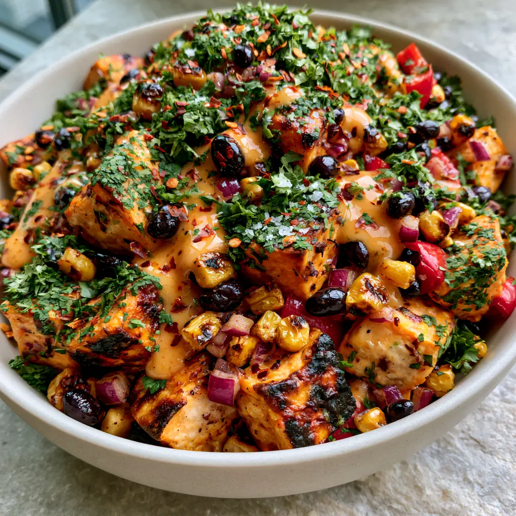 Overhead view of a matte white bowl filled with Roasted Sweet Potato Black Bean Salad, garnished with fresh cilantro and chili flakes.