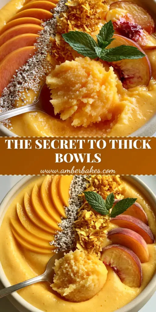 A vibrant Peach and Mango Smoothie Bowl topped with rows of fresh mango, peaches, coconut flakes, and chia seeds in a stone bowl.