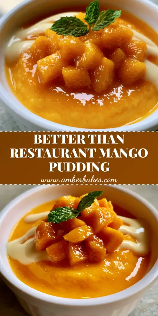 A close-up of a silky Mango pudding in a white ramekin garnished with diced mango cubes and a mint leaf.