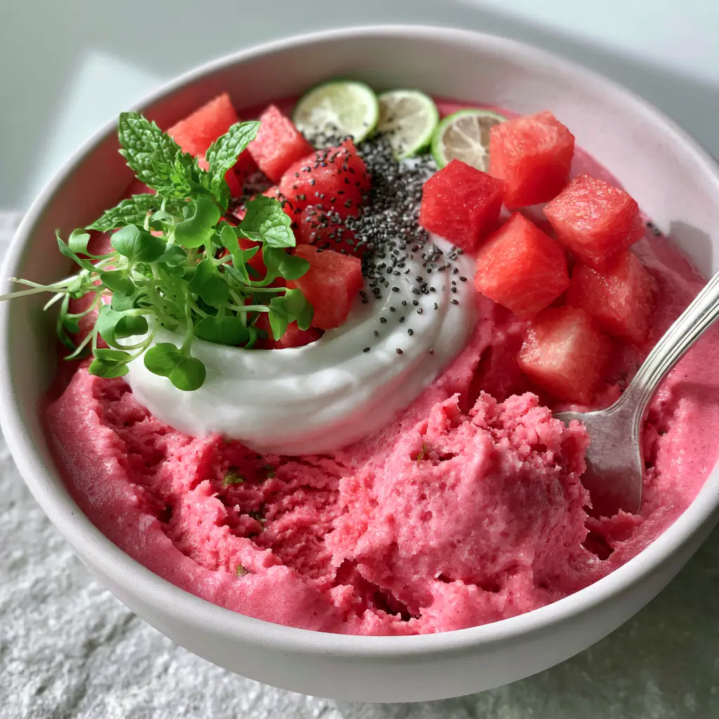 A handheld smartphone photo of an ultra-thick Watermelon Smoothie Bowl in a matte white ceramic bowl showing scoop marks.
