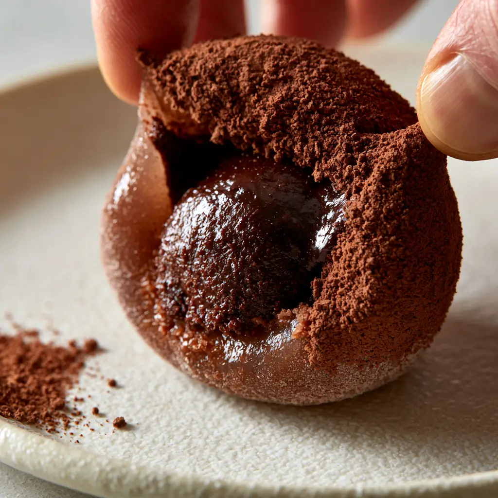 Chocolate Mochi with a Molten Dark Chocolate Ganache Center 2 Macro shot of cocoa-dusted chocolate mochi being pulled apart, showing a glossy molten center. (chocolate mochi)