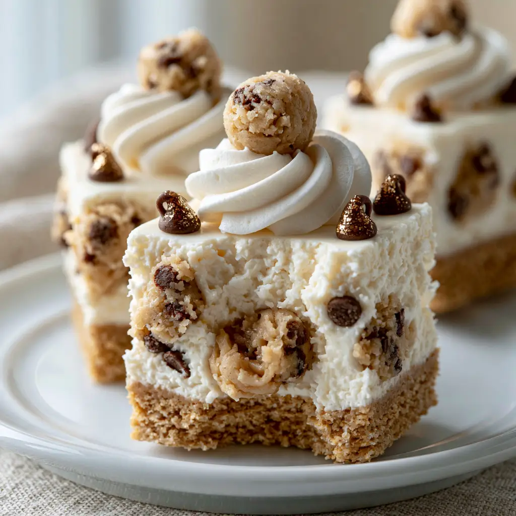 Close-up eye-level shot of a stack of chocolate chip cookie dough cheesecakes showing the thick graham crust and mini chips.