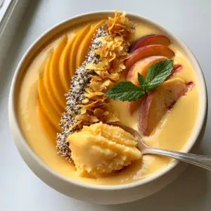 Close up of a thick sorbet-textured Peach and Mango Smoothie Bowl base showing a scoop lifted by a silver spoon.