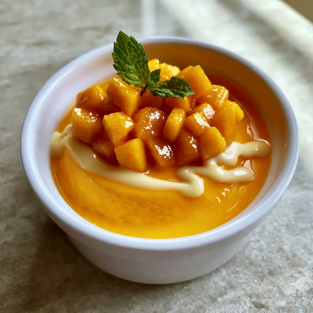 Handheld photo showing the vibrant orange texture of a silky Mango pudding.