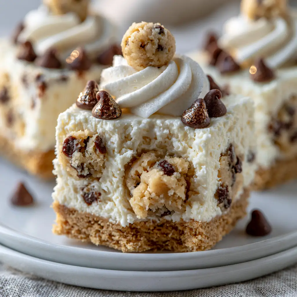 A mini cheesecake bite with a soft gooey cookie dough center revealed against a neutral linen background.