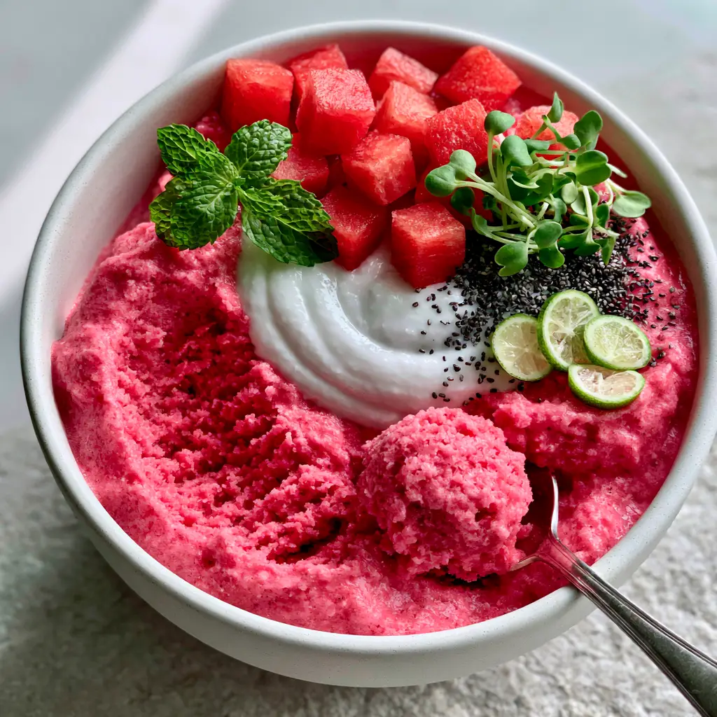 Overhead view of a Watermelon Smoothie Bowl decorated with fresh watermelon cubes, lime slices, and micro-mint.