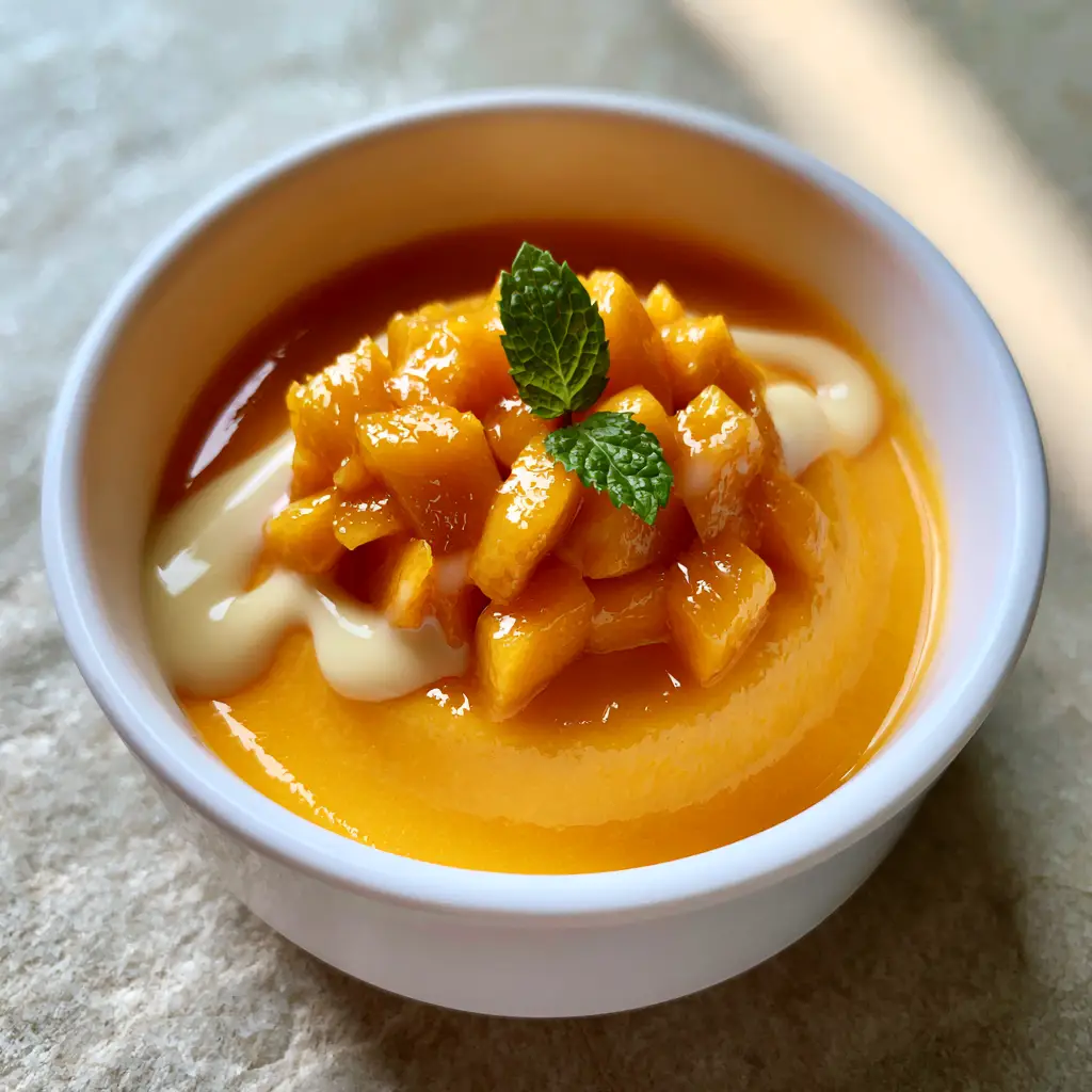 Close-up of freshly diced mango cubes and a mint leaf on top of a Mango pudding.