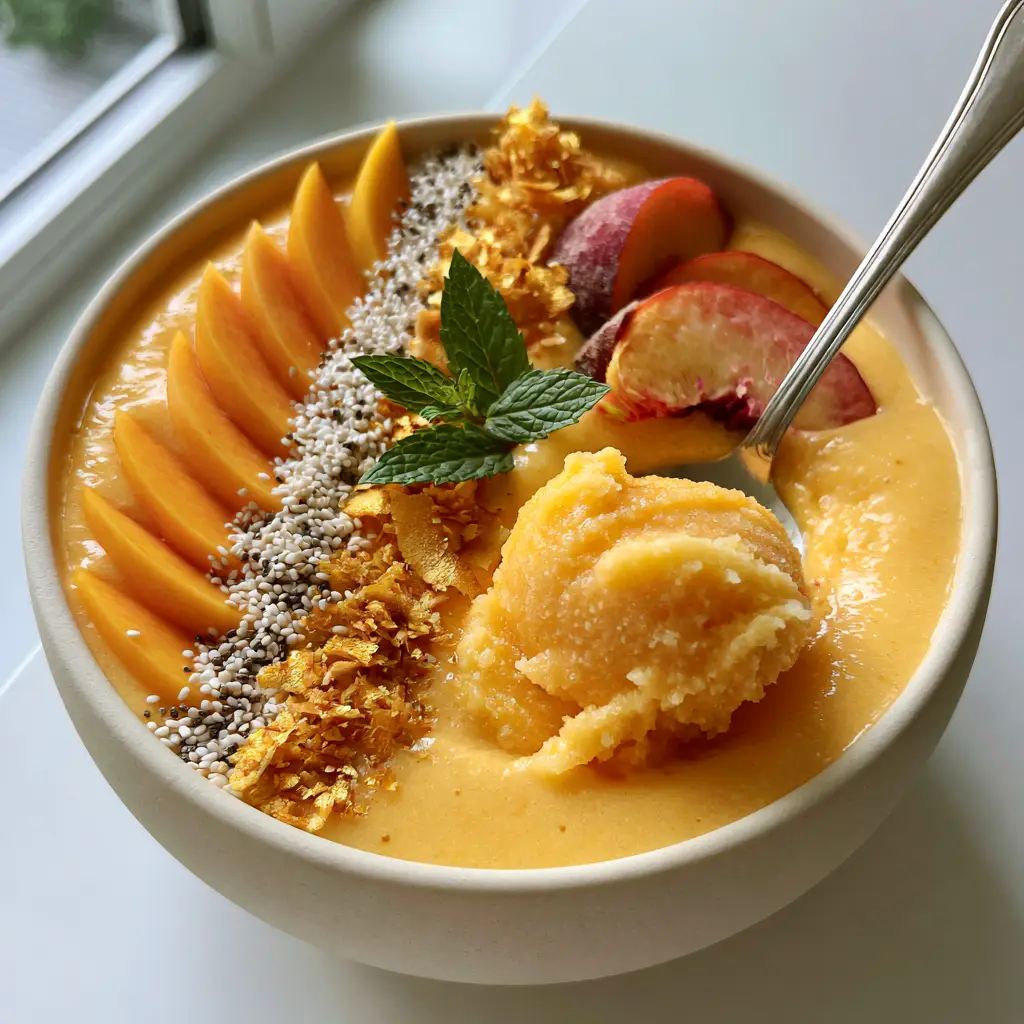 Aesthetic rows of toppings including skin-on peaches, white chia seeds, and golden coconut flakes on a Peach and Mango Smoothie Bowl.