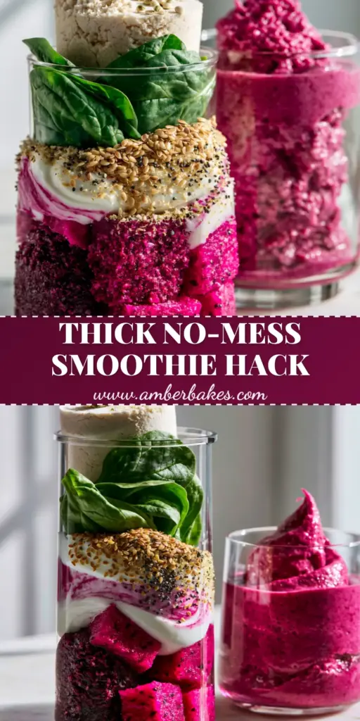 A vertical photo of a single-serve smoothie maker cup filled with layered dragonfruit, acai, spinach, and Greek yogurt next to a finished magenta smoothie.