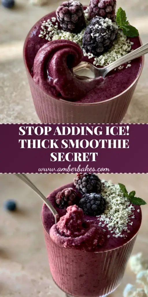 A thick purple berry smoothie with a spoonable swirl, garnished with frozen blackberries, hemp hearts, and mint. (smoothie tips)