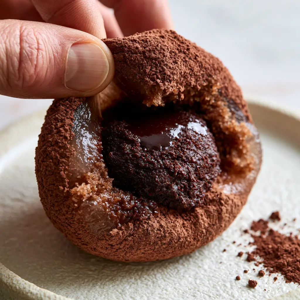 Chocolate Mochi with a Molten Dark Chocolate Ganache Center 1 Eye-level shot of chocolate mochi on a textured off-white ceramic plate with scattered cocoa powder.
