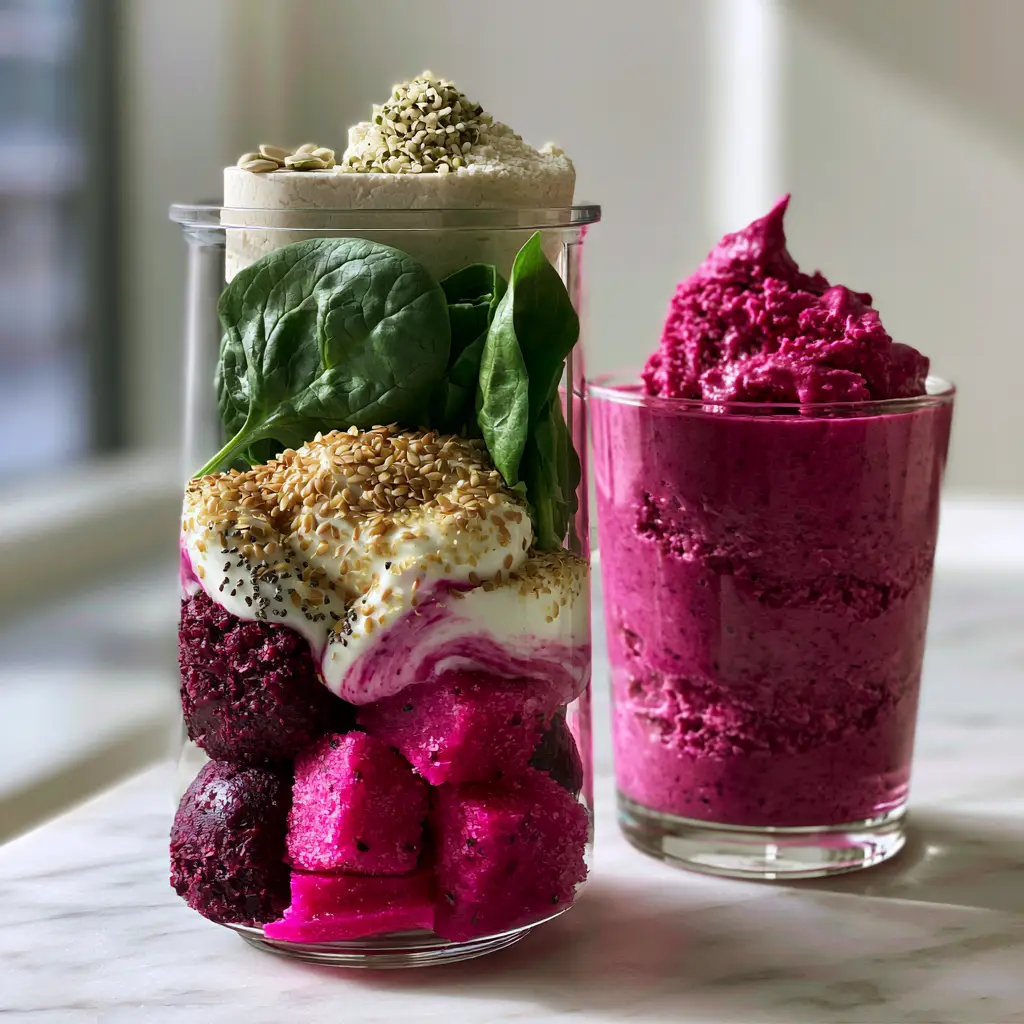 Close up of a smoothie maker being filled with frozen pink dragonfruit and purple acai chunks.