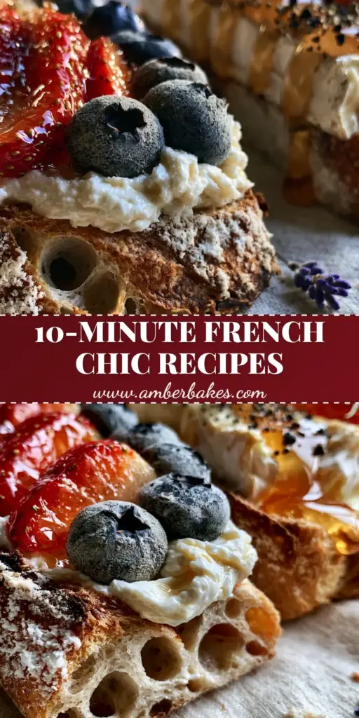 A vertical Pinterest collage featuring three types of French tartines with berries, brie, and salmon roe. (Bastille Day recipes)