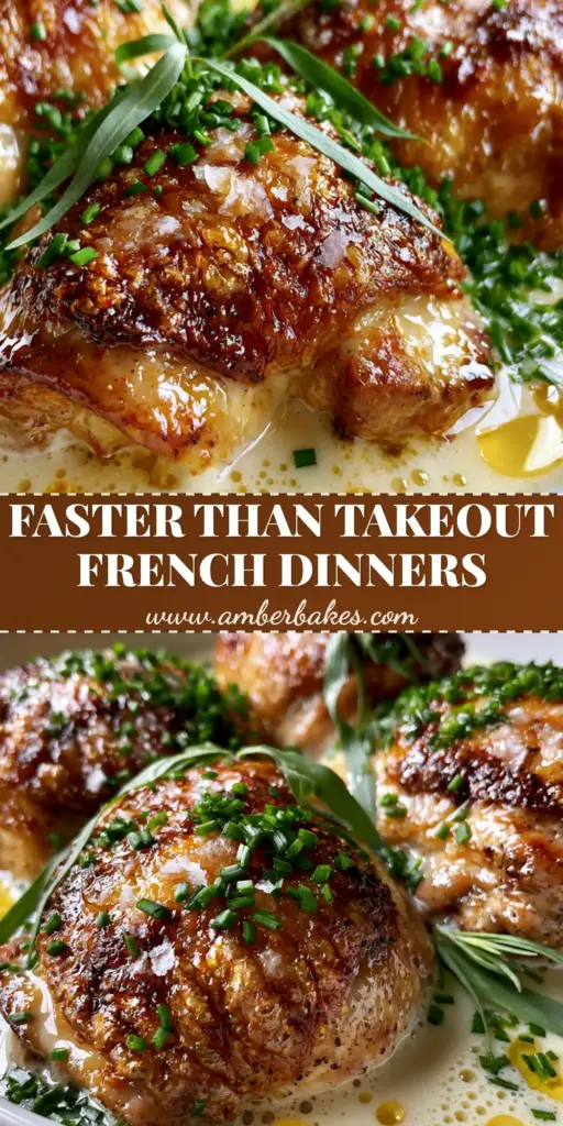 A Pinterest-style graphic featuring famous French dishes, specifically golden crispy chicken thighs in a glossy cream sauce with fresh green herbs.