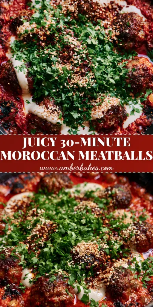 A rustic matte black cast iron skillet filled with Moroccan meatballs in a bubbling harissa tomato sauce with tahini drizzle.