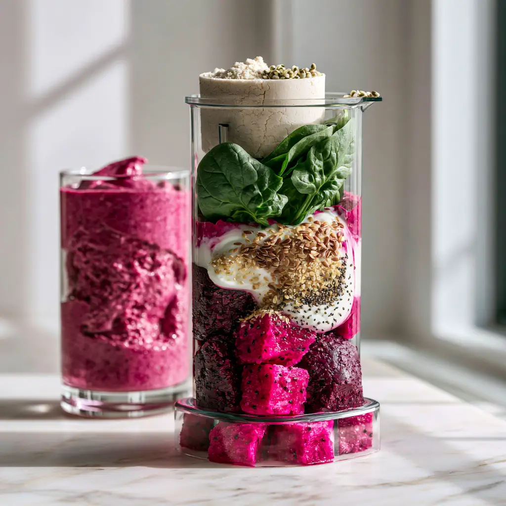 A thick, magenta colored smoothie with a soft-serve ice cream texture in a glass jar. (smoothie maker)