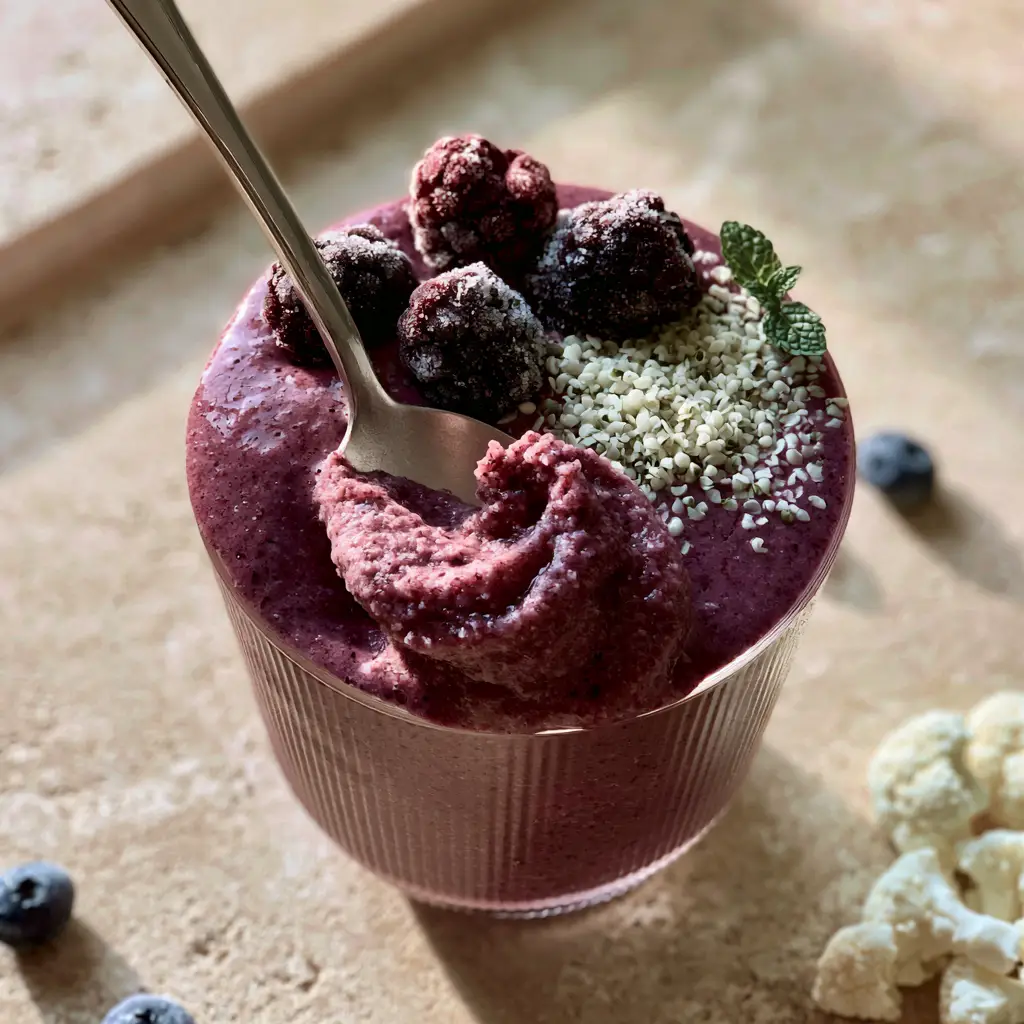 Thick berry smoothie in a ribbed glass on a stone countertop with scattered cauliflower and blueberries. (smoothie tips)