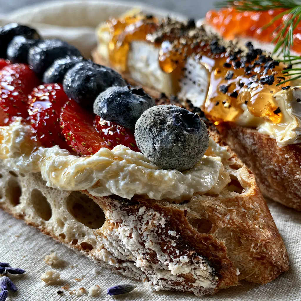 Extreme close-up of three gourmet French tartines on rustic sourdough bread with strawberries, brie, and salmon roe. (Bastille Day recipes)