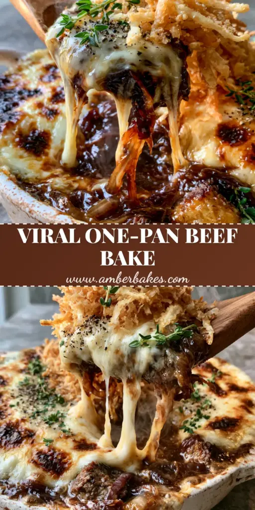 A close-up of a rustic French Onion Beef Bake with bubbling Gruyere cheese, mahogany onions, and crispy onion straws. (French comfort food)