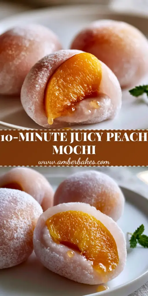 Three handcrafted Peach Mochi balls on a white plate, one sliced to show juicy peach and white bean paste layers. (Peach Mochi)