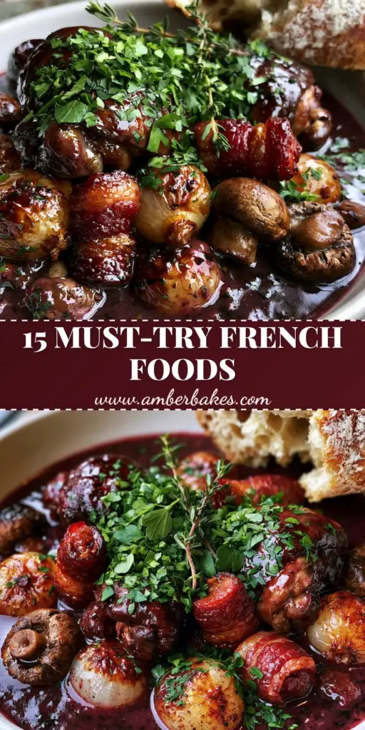 A shallow ceramic bowl of rustic Coq au Vin with deep burgundy sauce, glistening chicken, and crusty baguette on a bistro table representing famous foods in France.