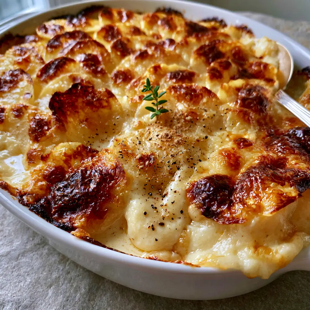 A silver spoon lifting a portion of creamy cheesy potato gratin from a white dish.