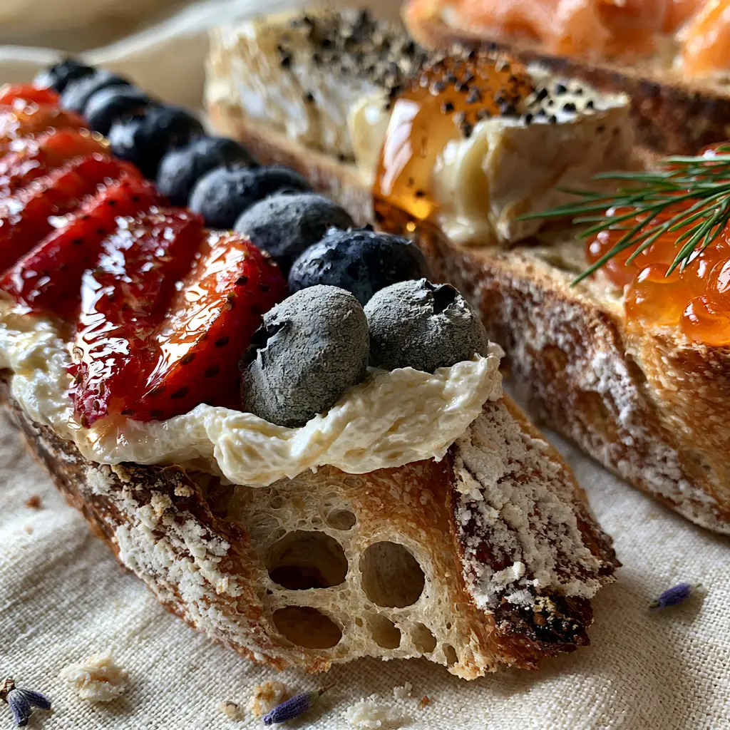 Eye-level shot of French tartines with lavender honey drizzle and fresh dill on a cream linen background.
