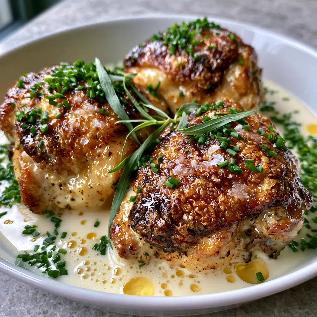 Extreme close-up of heavy cream sauce with golden butter droplets and fresh tarragon leaves.