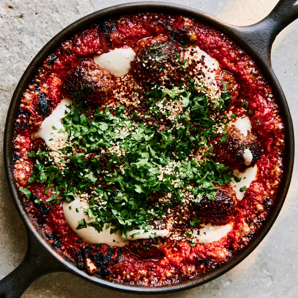 Overhead view of Moroccan meatballs topped with fresh cilantro, toasted sesame seeds, and creamy tahini.