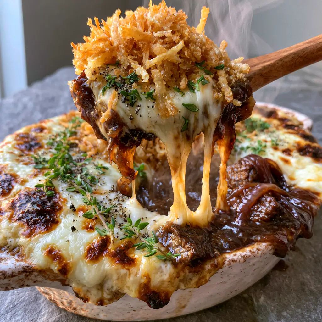 A wooden spoon lifting a messy portion of beef, noodles, and onions with a long cheese pull from a white dish.