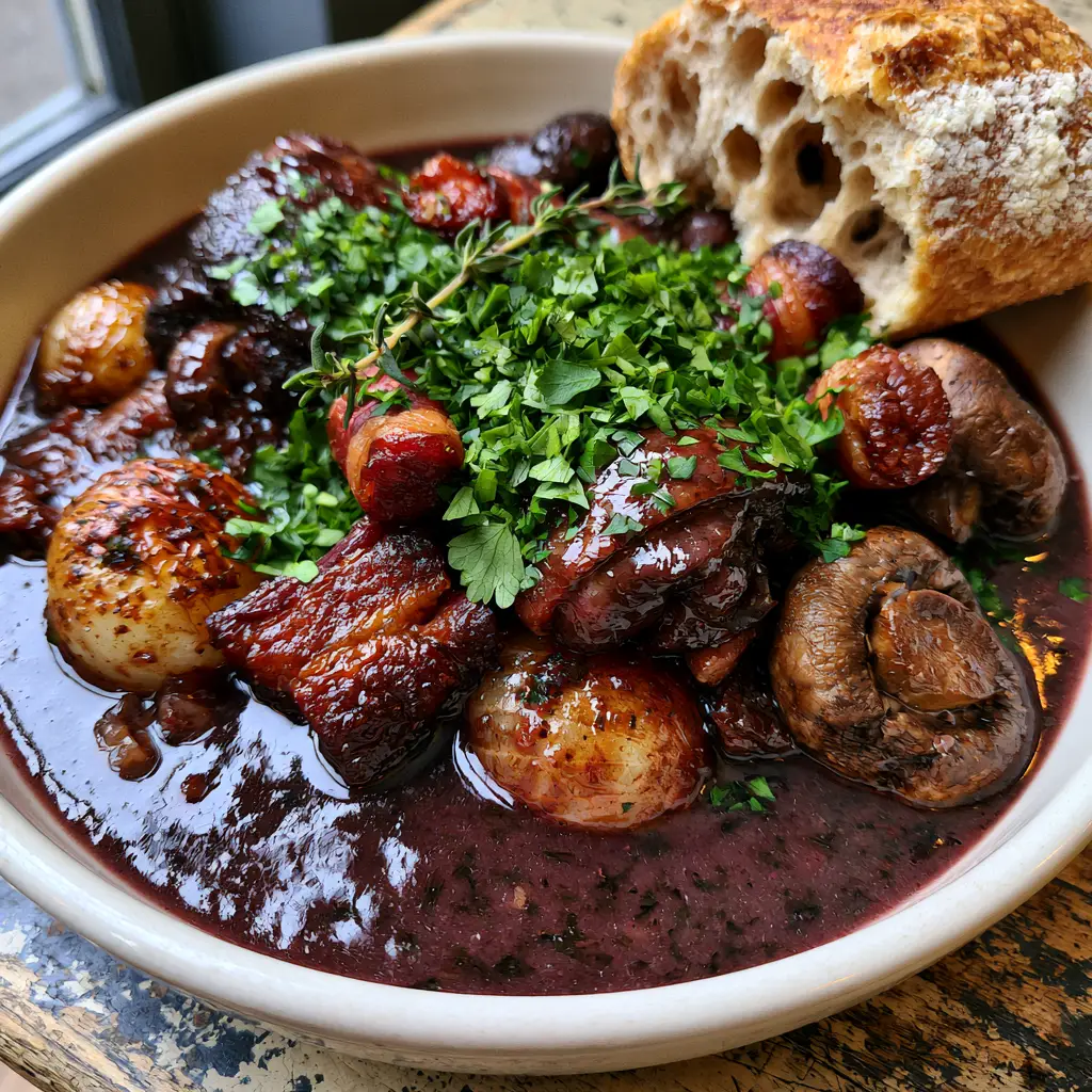 Rustic serving of Coq au Vin with crispy bacon lardons and a side of airy, crusty French baguette.