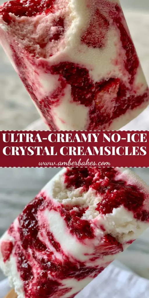 A thick strawberry creamsicle with a matte frost surface held by a wooden stick against a summer kitchen background. (strawberry creamsicles)