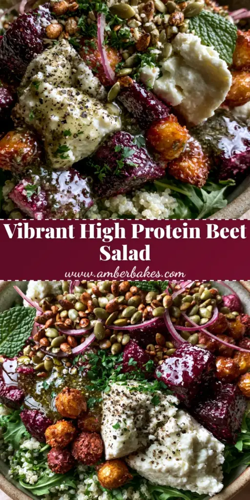 An overhead smartphone photo of a vibrant Chickpea Beet Feta Salad featuring deep purple roasted beets, golden chickpeas, and white feta crumbles in a ceramic bowl.