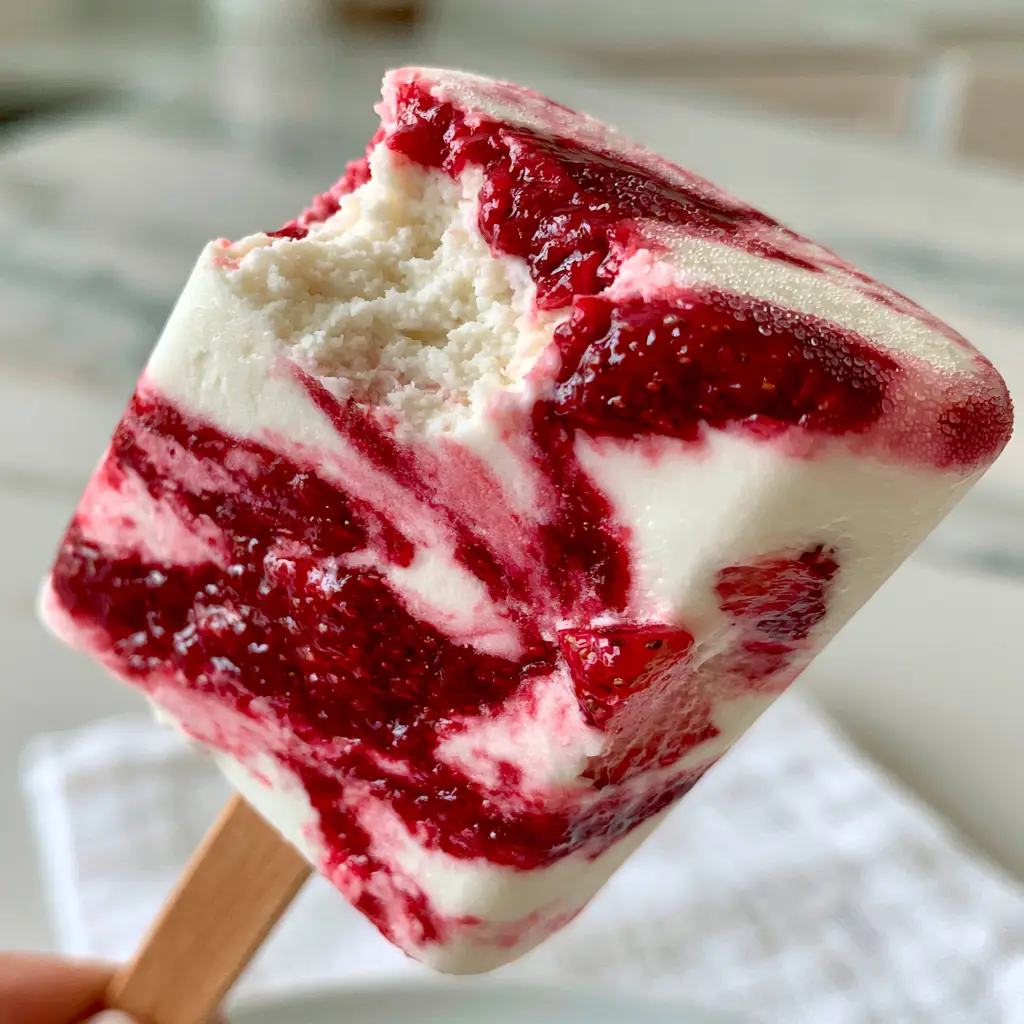 A handheld photo of a strawberry creamsicle with a bite taken out, showing a velvet custard-like interior. (strawberry creamsicles)