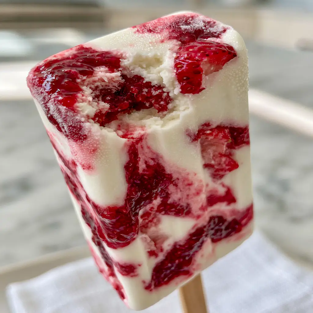 Close up of a thick strawberry creamsicle with bright crimson jam swirls and matte white yogurt.