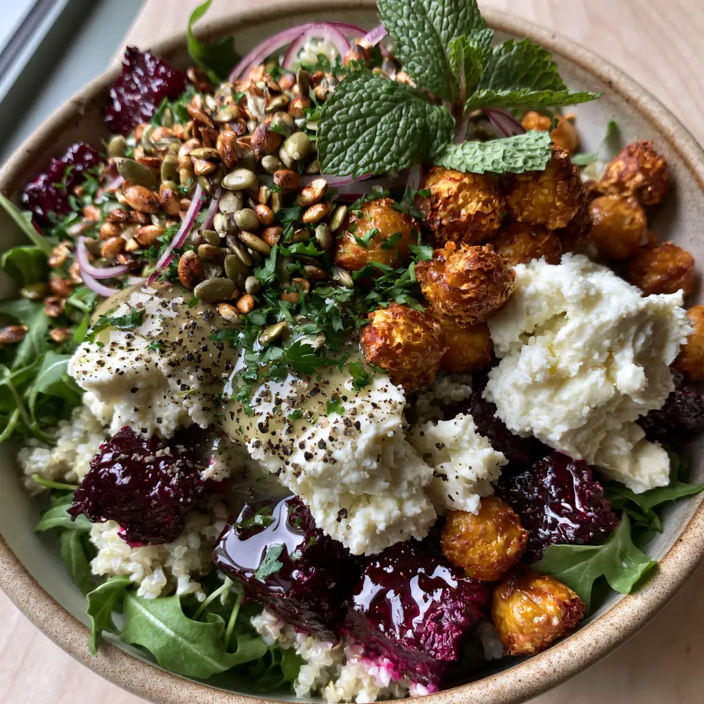 A close-up of glossy roasted beet cubes and crispy air-fried chickpeas layered in a Chickpea Beet Feta Salad.