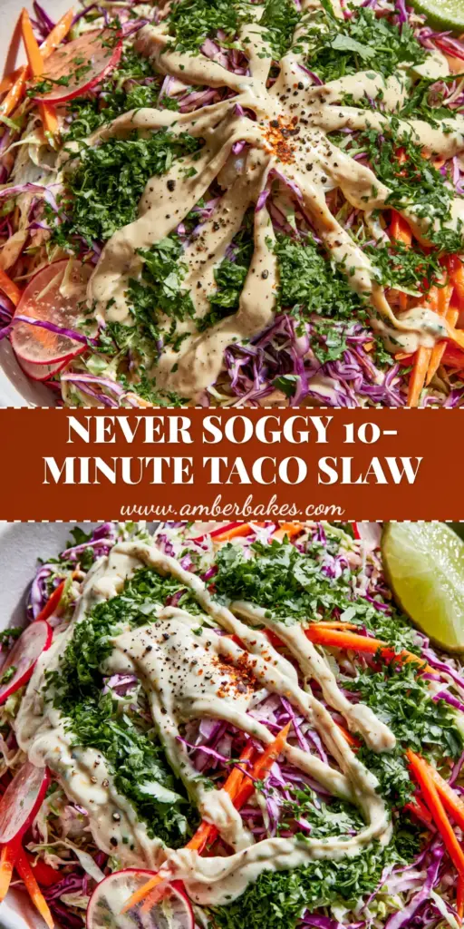 A vibrant overhead shot of fish taco slaw with purple and green cabbage, julienned carrots, and a lime crema drizzle in a white bowl.
