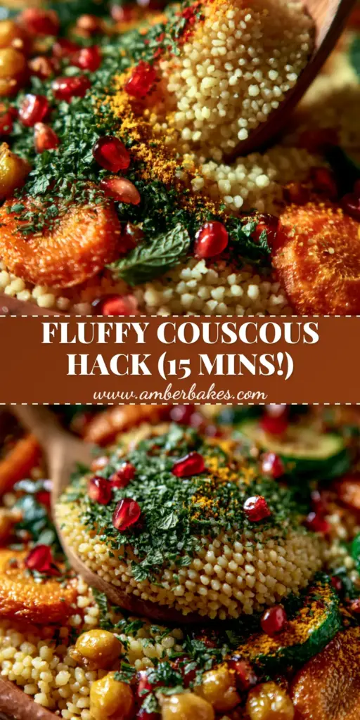 A overhead view of fluffy Moroccan couscous with roasted carrots, green zucchini, and bright pomegranate seeds in a tagine bowl.