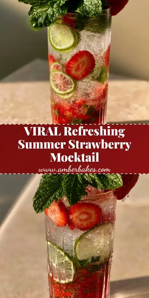 A tall ribbed crystal glass featuring layered summer mocktails with muddled strawberries, lime wheels, and mint garnishes on a stone surface.