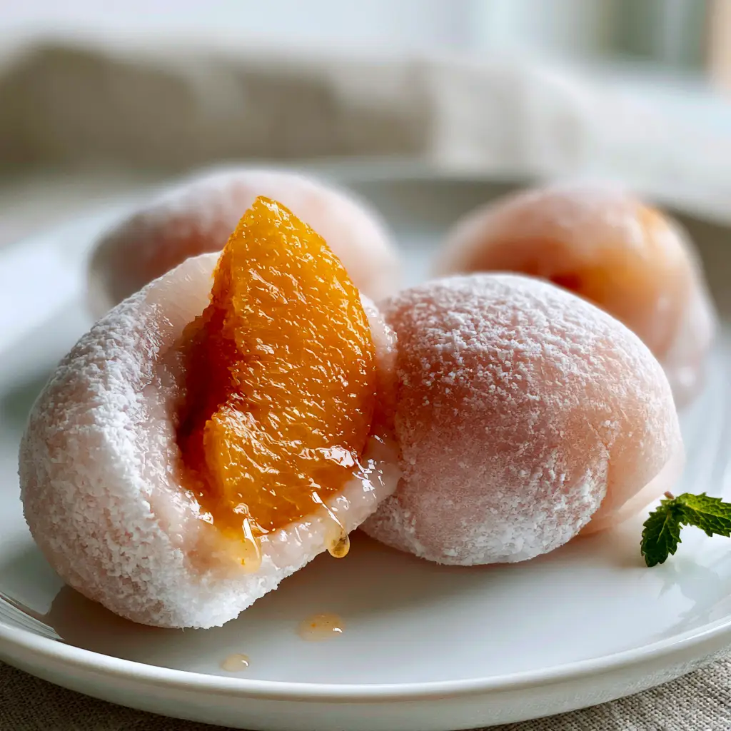 Sliced Peach Mochi revealing a juicy orange peach wedge and a thin layer of white bean paste.