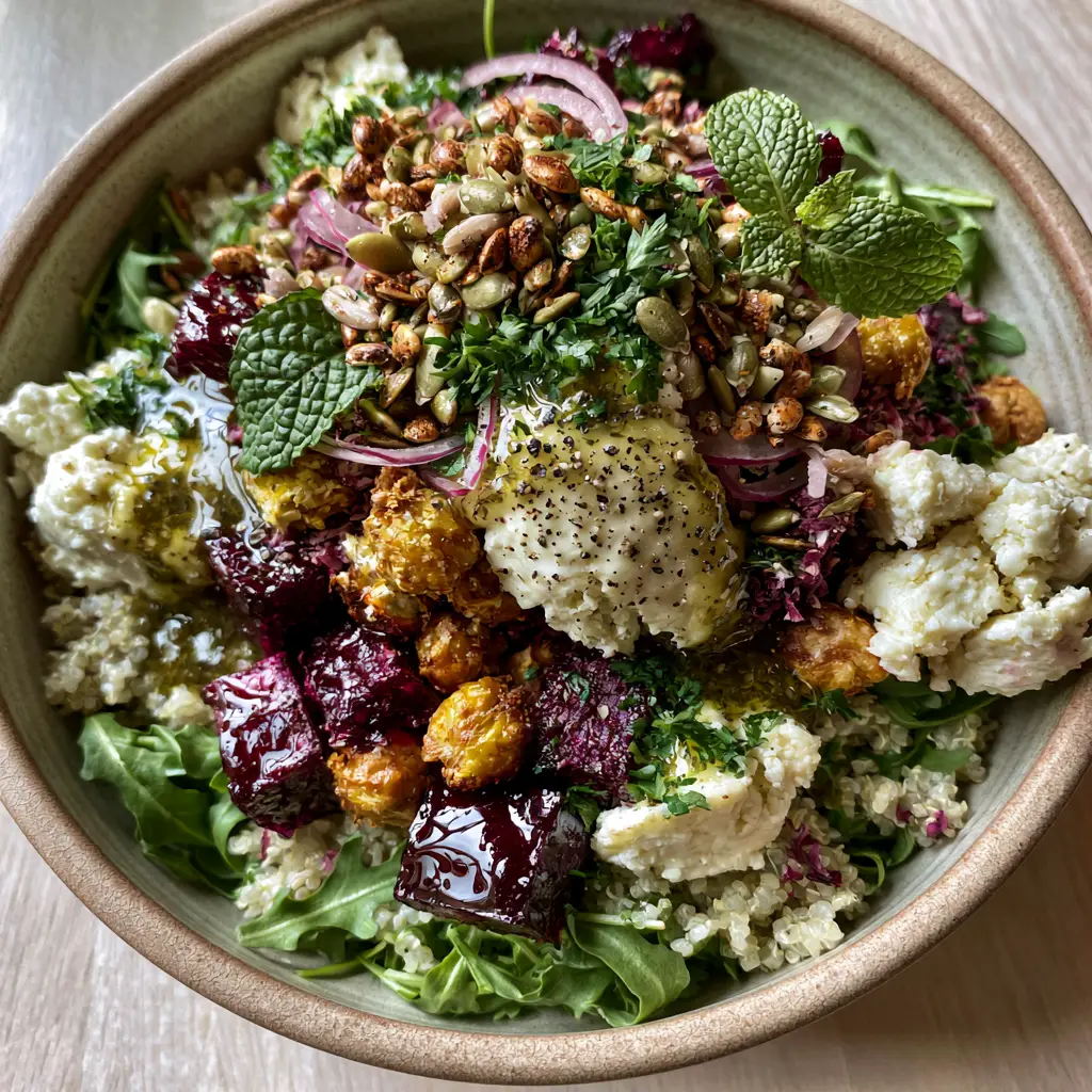 Chickpea Beet Feta Salad drizzled with thick lemon herb vinaigrette and garnished with fresh mint and pepitas.