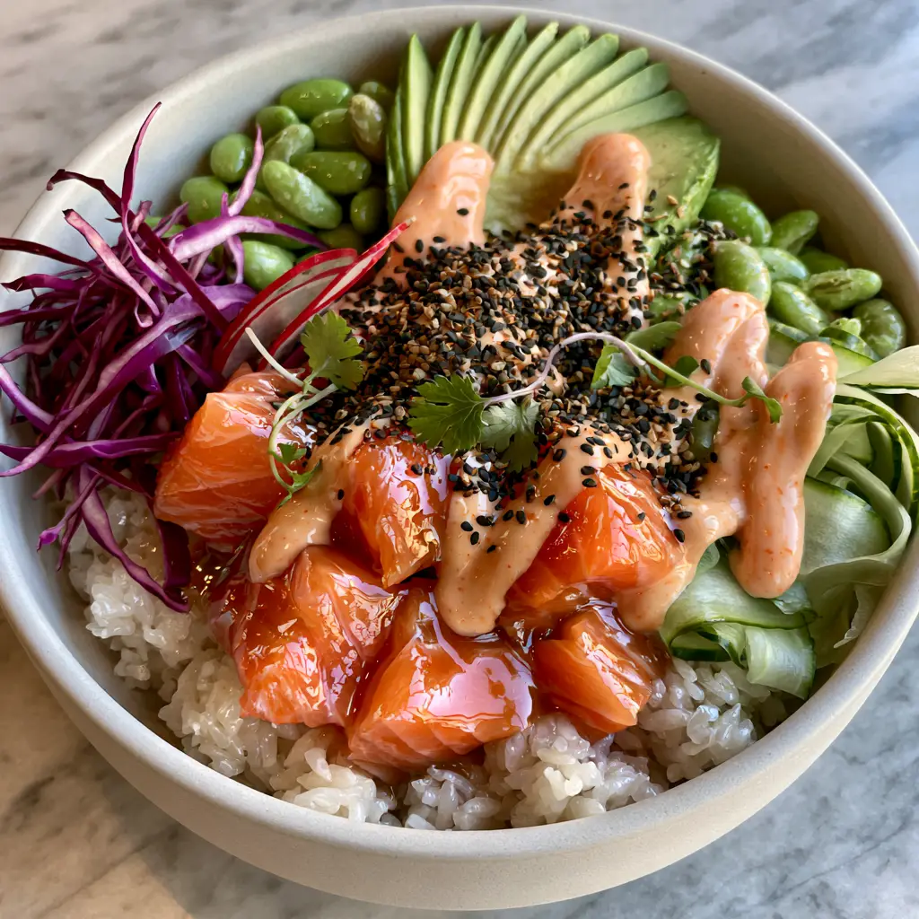 Handheld photo of a finished poke bowl with glistening salmon cubes and micro-cilantro garnish.