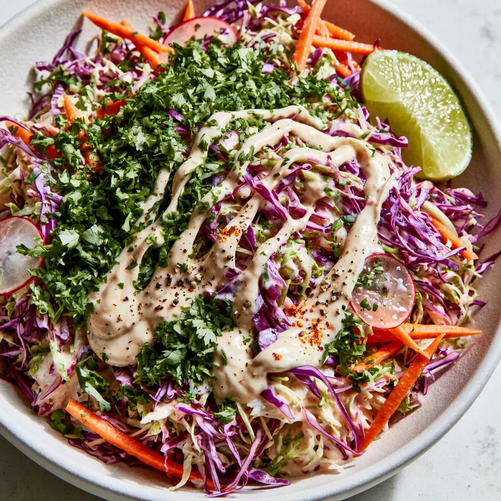 Bright, natural light illuminating a fresh bowl of fish taco slaw with radishes and chili lime seasoning.