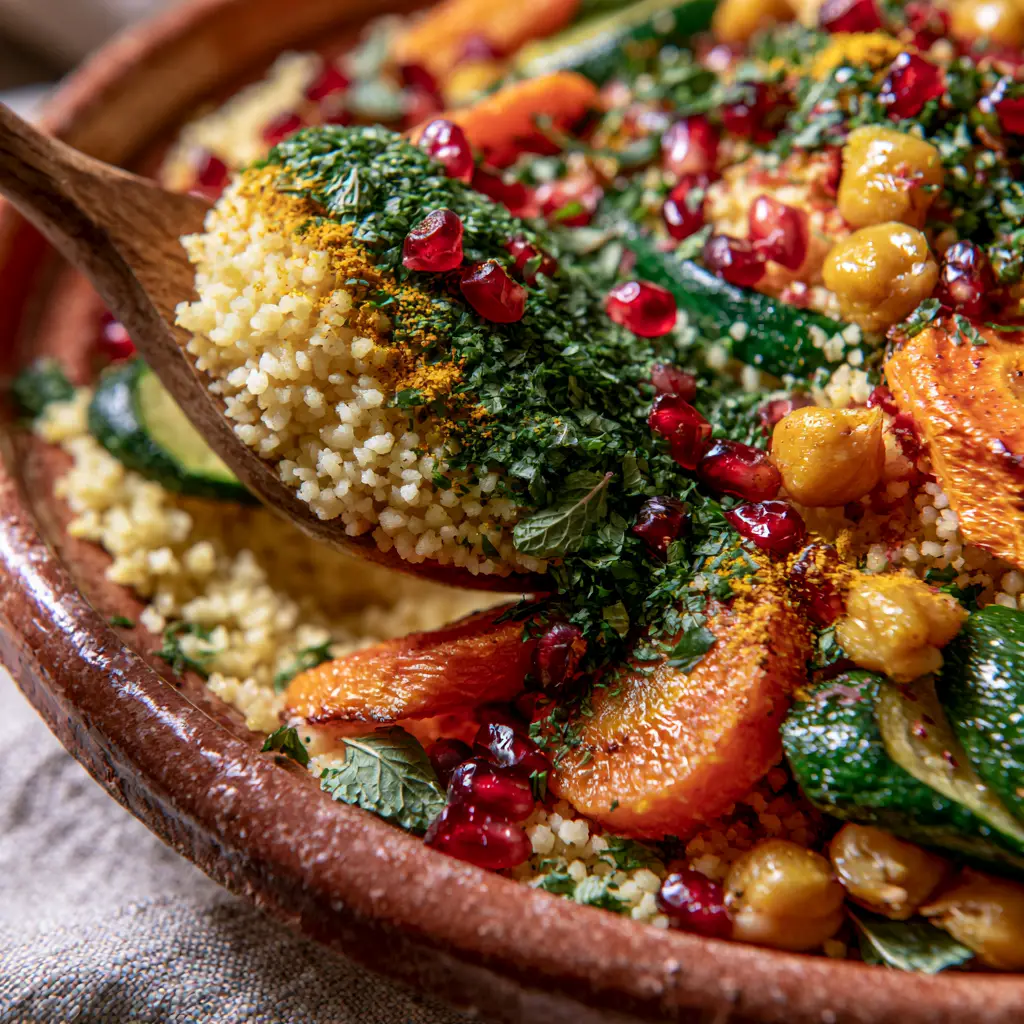 Close up shot of roasted carrot rounds and golden chickpeas nestled in a bed of turmeric-spiced Moroccan couscous.
