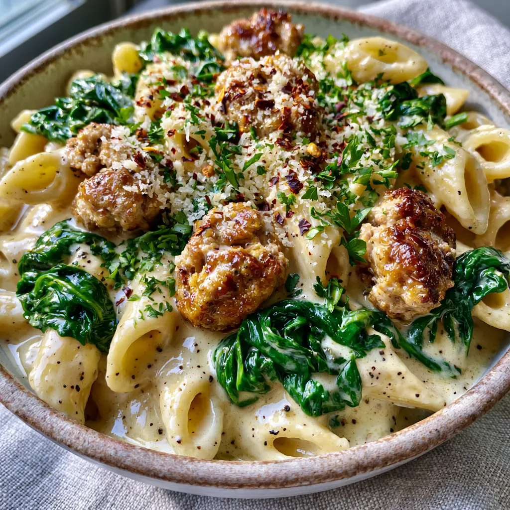 A top-down view of a rustic ceramic bowl featuring Ground turkey pasta finished with red pepper flakes and Italian parsley.