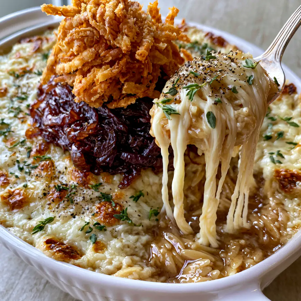 Top view of French Onion Orzo Bake with golden-fried onion strings and dark mahogany caramelized onions.