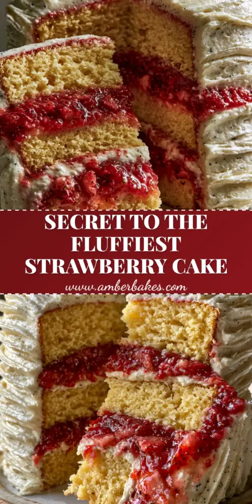 A vertical photo of a three-layer strawberry vanilla cake with a thick fruit reduction filling and vanilla bean buttercream on a ceramic plate.