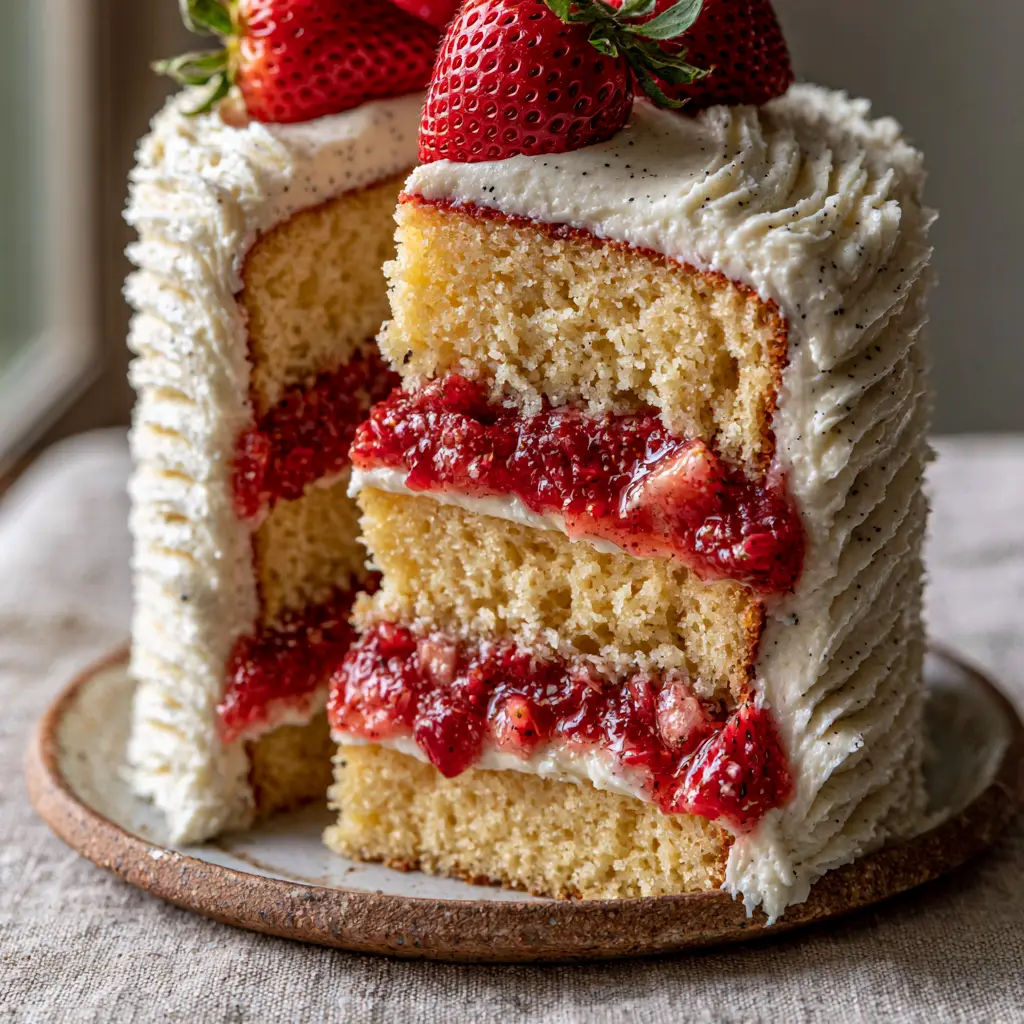 Close-up of a strawberry vanilla cake slice revealing a moist golden sponge and vibrant ruby-red fruit layers.