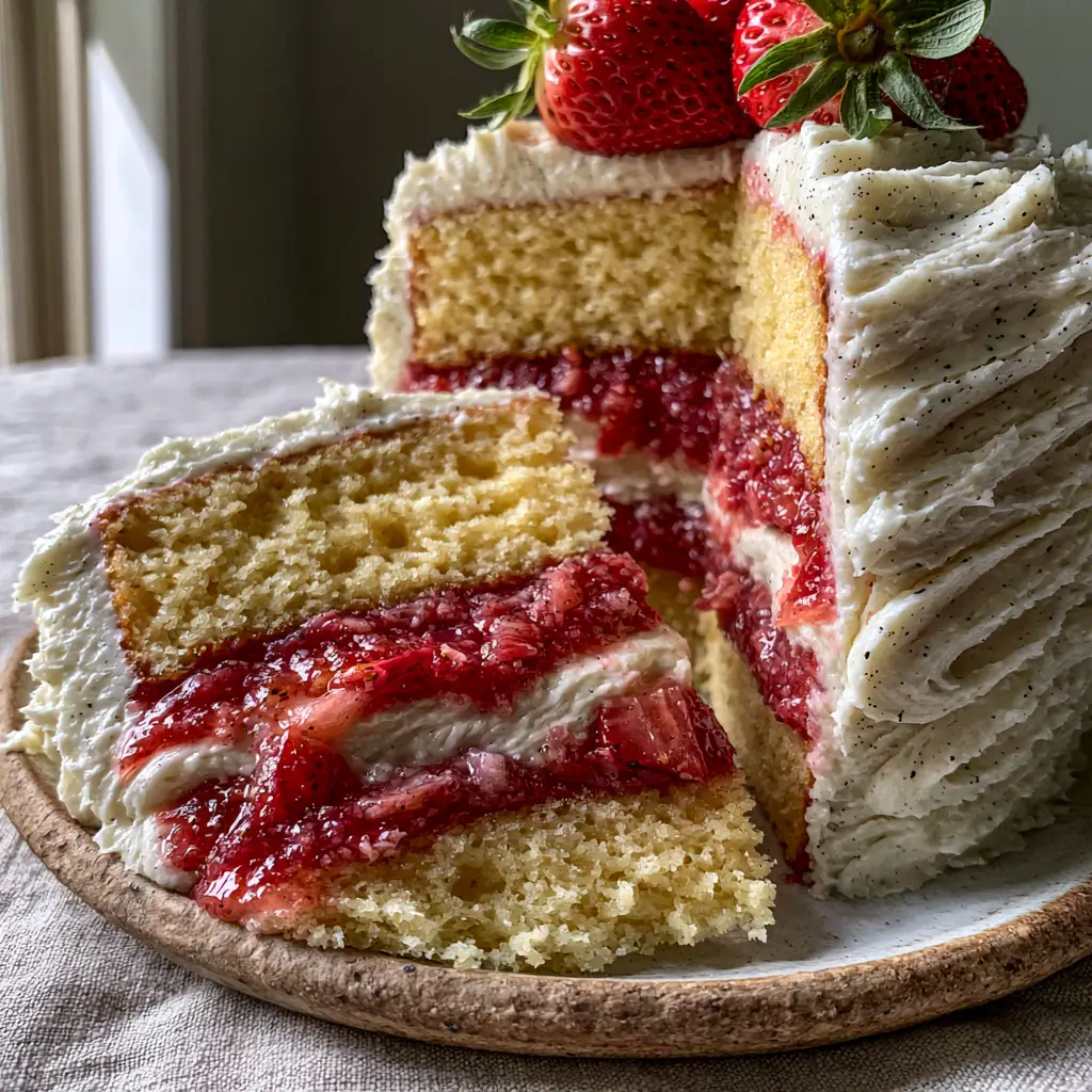Textured vanilla bean buttercream with visible specks on a tall strawberry vanilla cake decorated with whole strawberries.